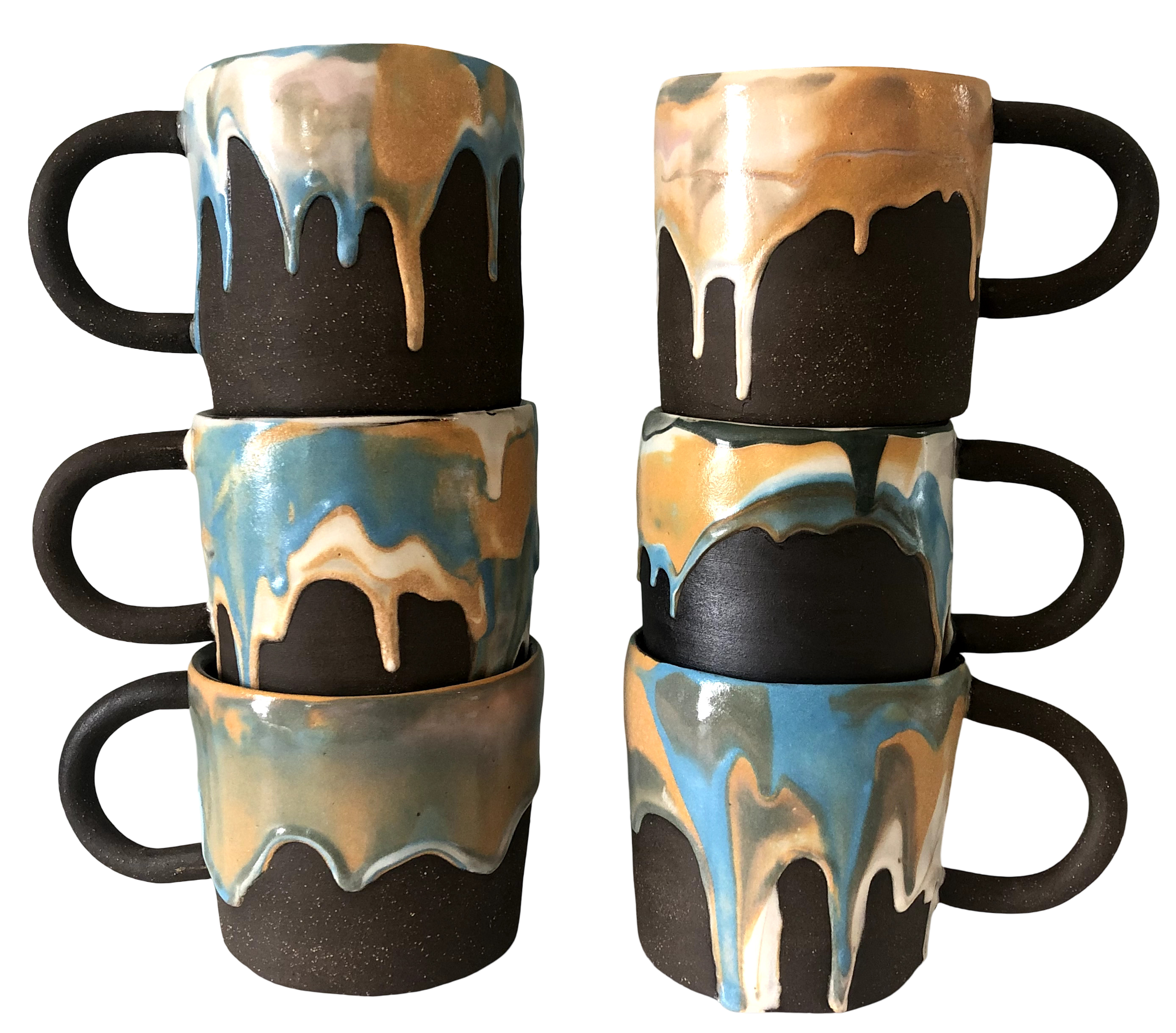 six stacked mugs with a drippy, colorful exterior. the colors are yellow, blue, and green.