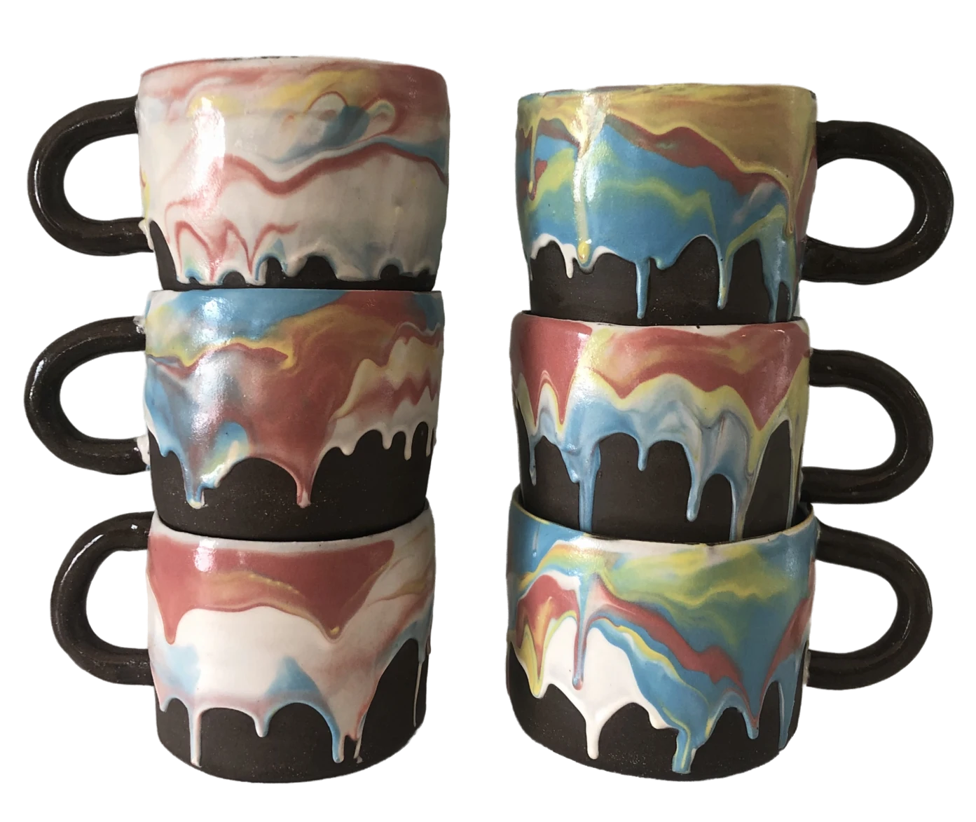 six stacked mugs with a drippy, colorful exterior. the colors are blue, red, yellow, and white.